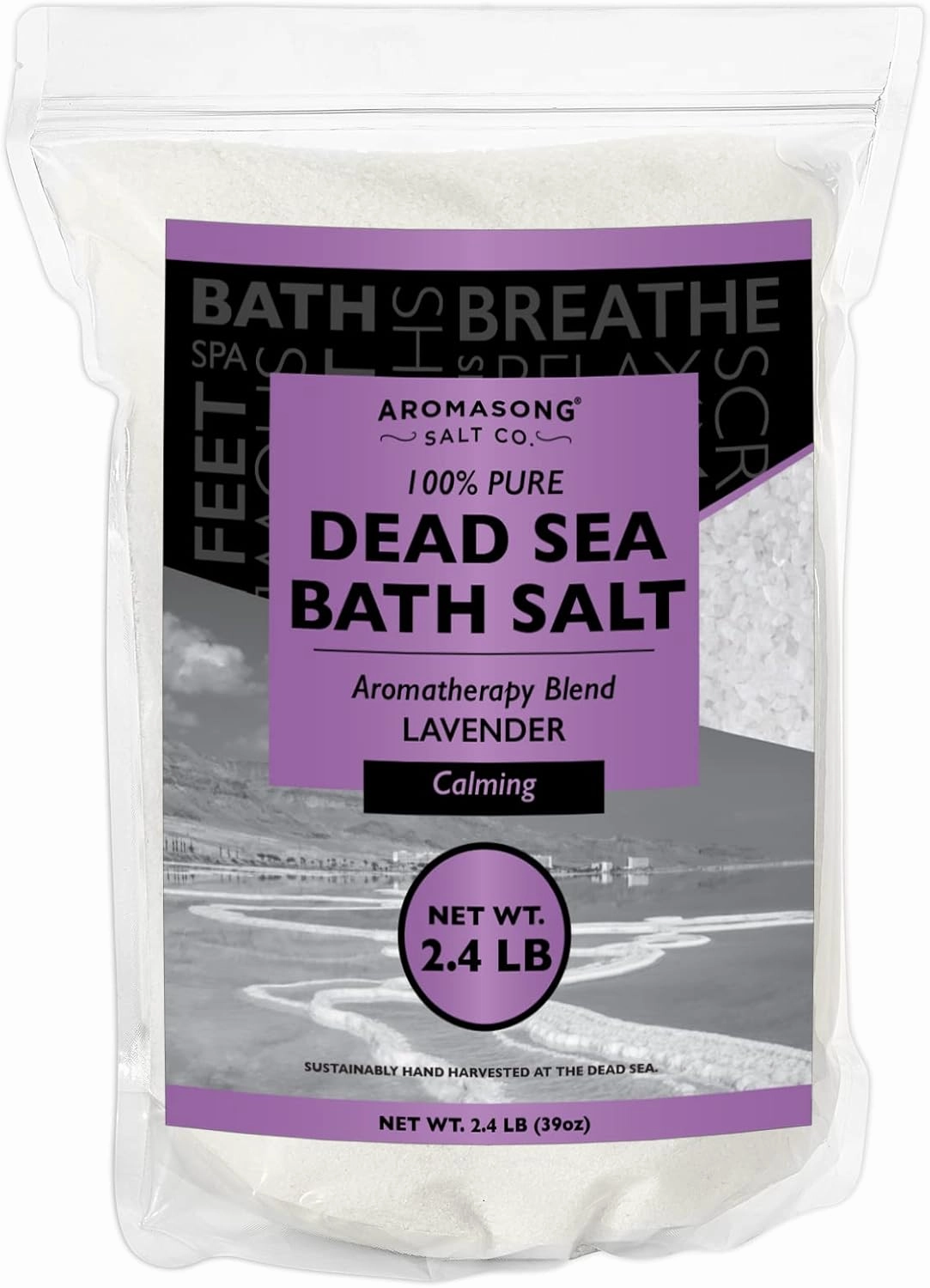 Aromasong Pure Dead Sea Salt for Soaking with 100% Natural Lavender Essential Oil - 2.43 LB Spa Bath Salt in Resealable Pack - Soak for Women & Men for Tired Muscles & Skin Issues.