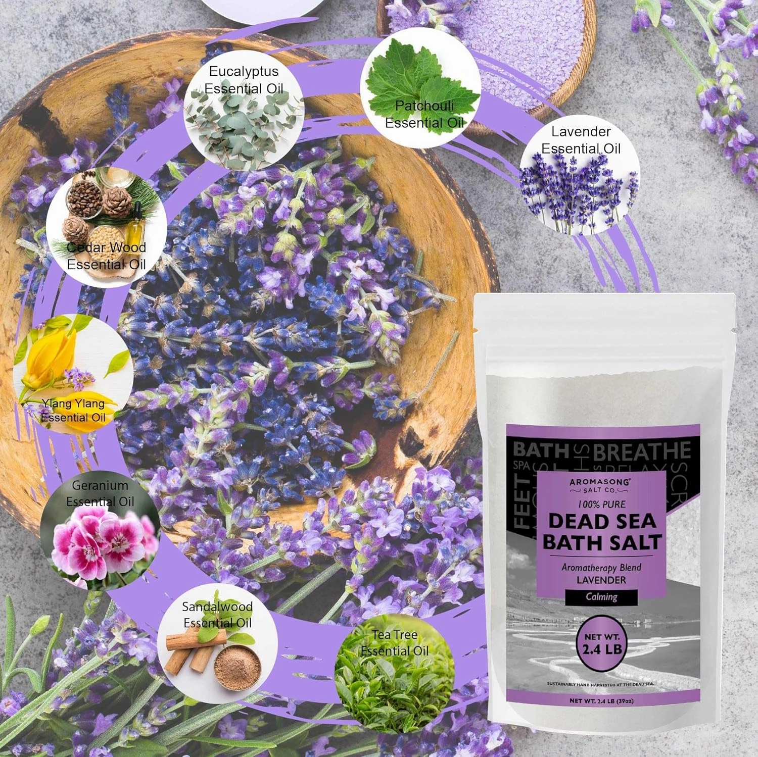 Aromasong Pure Dead Sea Salt for Soaking with 100% Natural Lavender Essential Oil - 2.43 LB Spa Bath Salt in Resealable Pack - Soak for Women & Men for Tired Muscles & Skin Issues.