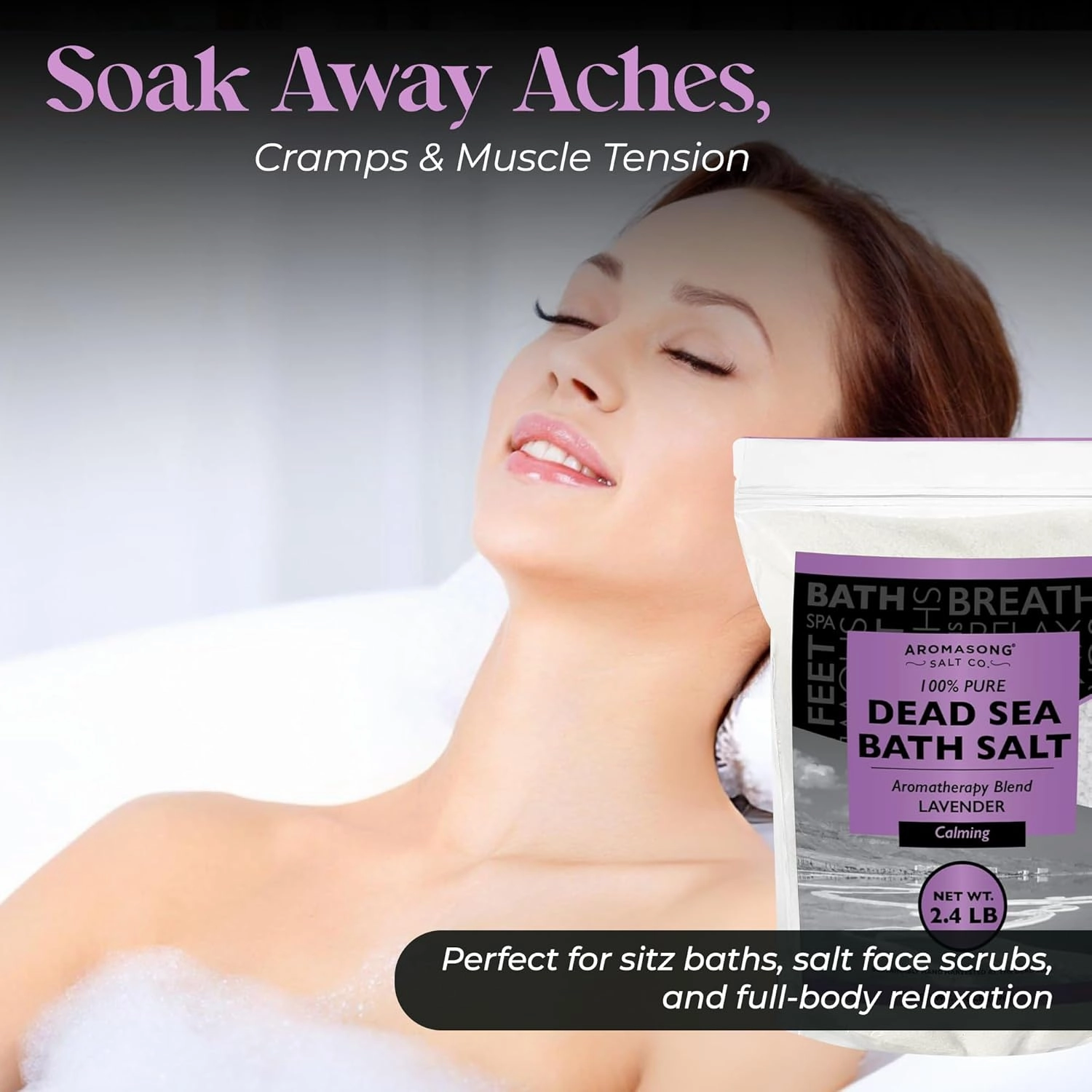 Aromasong Pure Dead Sea Salt for Soaking with 100% Natural Lavender Essential Oil - 2.43 LB Spa Bath Salt in Resealable Pack - Soak for Women & Men for Tired Muscles & Skin Issues.