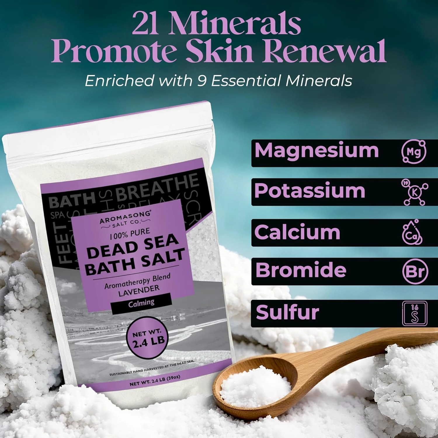Aromasong Pure Dead Sea Salt for Soaking with 100% Natural Lavender Essential Oil - 2.43 LB Spa Bath Salt in Resealable Pack - Soak for Women & Men for Tired Muscles & Skin Issues.
