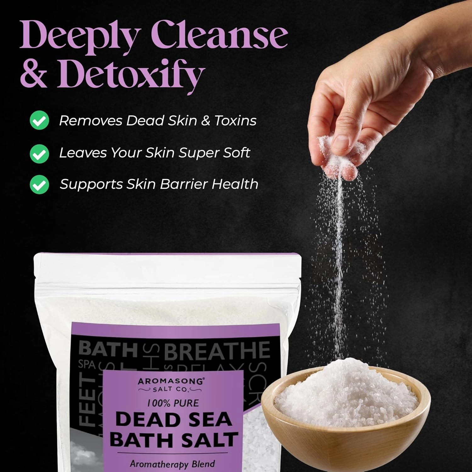 Aromasong Pure Dead Sea Salt for Soaking with 100% Natural Lavender Essential Oil - 2.43 LB Spa Bath Salt in Resealable Pack - Soak for Women & Men for Tired Muscles & Skin Issues.