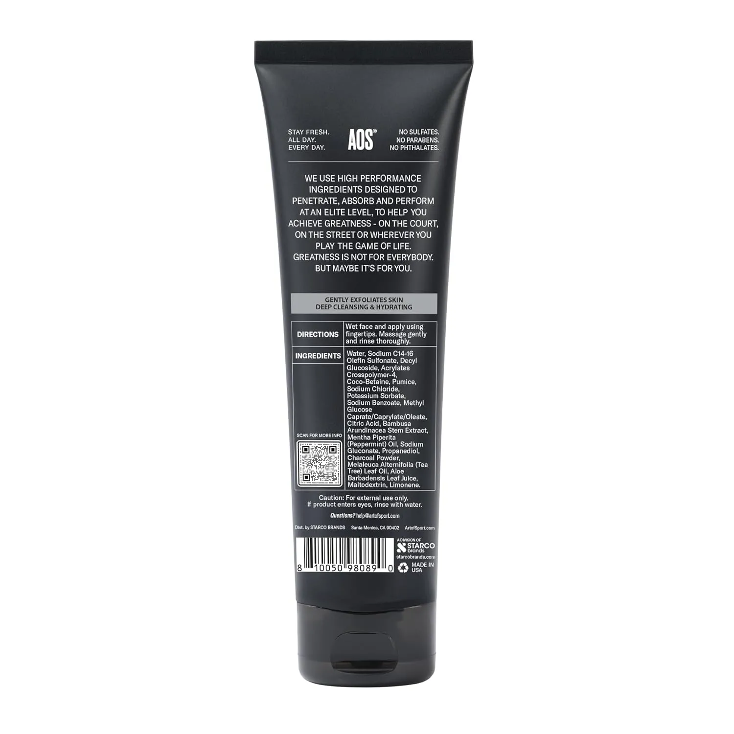 Art of Sport Daily Face Wash, With Detoxifying Charcoal, Calming Aloe Vera & Skin-Soothing Bamboo Extract. Formulated for Athletes, 4 FL OZ