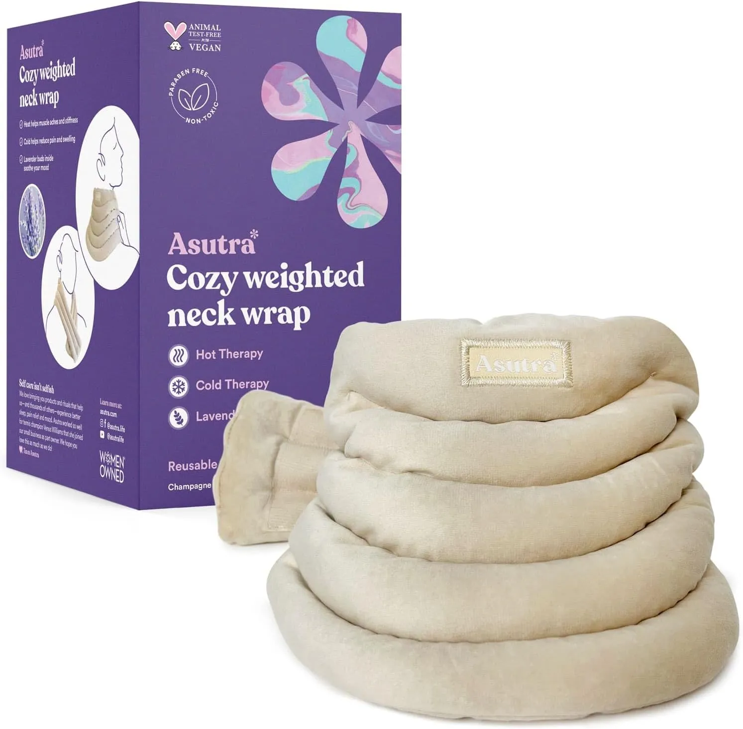 ASUTRA Weighted Neck Wrap, Champagne - Hands-Free Microwaveable Heating Pad for Neck and Shoulders, Hot and Cold Compress, Lavender Aromatherapy
