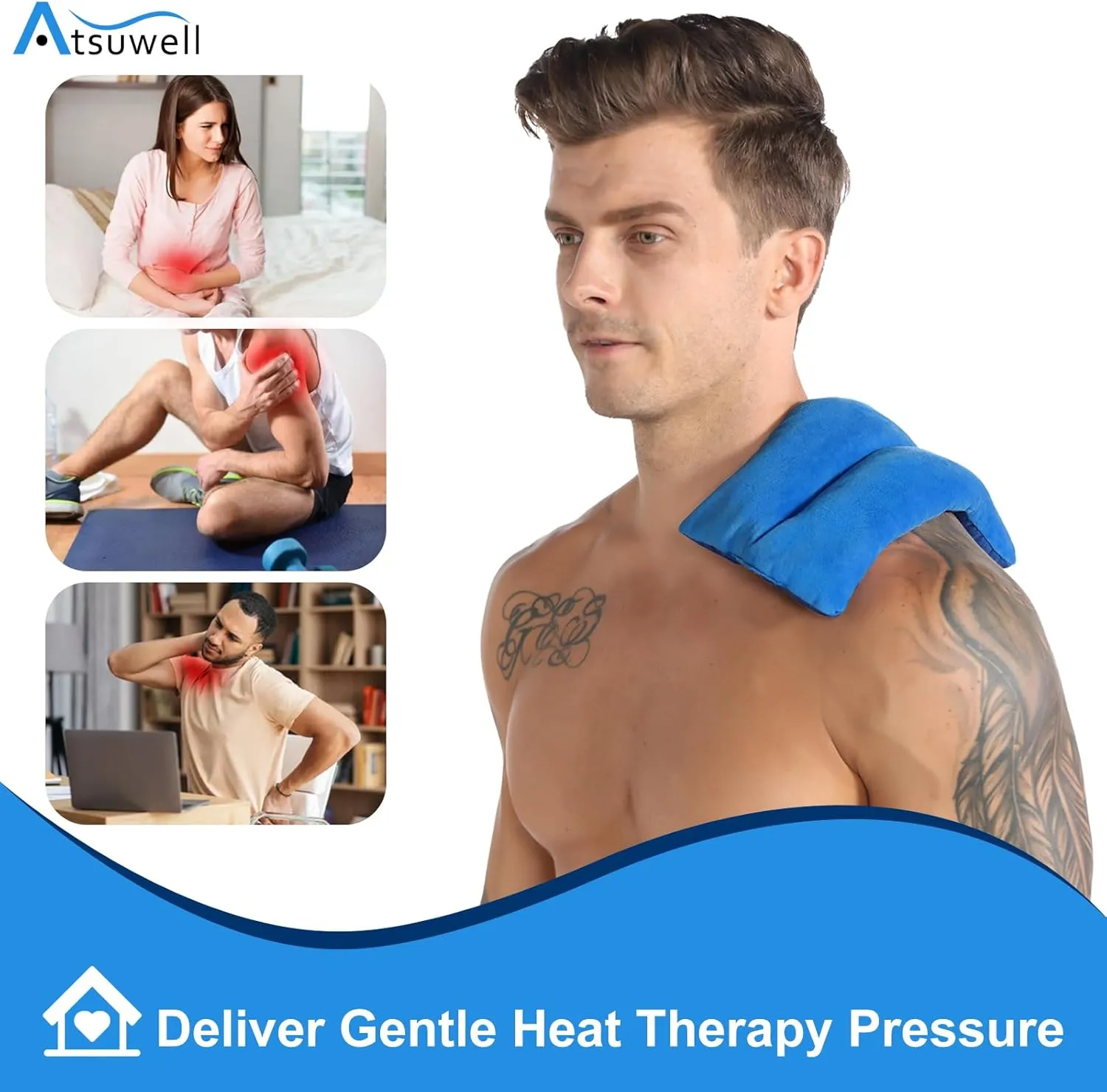 Atsuwell Microwave Heating Pad, Rice Microwavable Moist Heat Pack for Cramps, Neck and Shoulders, Knee, Wrist, Joints, Bean Bag Heating Pad for Warm Compress, Relaxation, Blue