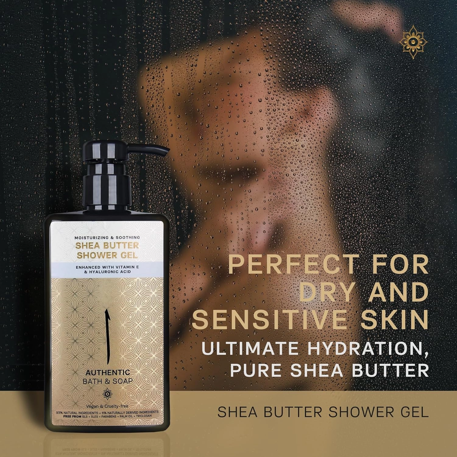 AUTHENTIC BATH & SOAP All Natural - Organic Shea Butter Body Oil with Vitamin E & Hyaluronic Acid, Moisturizing, Hydrating Shower Gel for Men & Women, Cruelty Free & Vegan, Paraben Free 16.9 Fl Oz