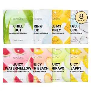 Avatara 8-Pack Sheet Mask Set, Beauty and Skincare Sheet Masks Collection, Skincare with Natural Extracts, Hydrating Face Mask Skin Care Set, All Skin Types, Teen Skincare, 8 Sheets