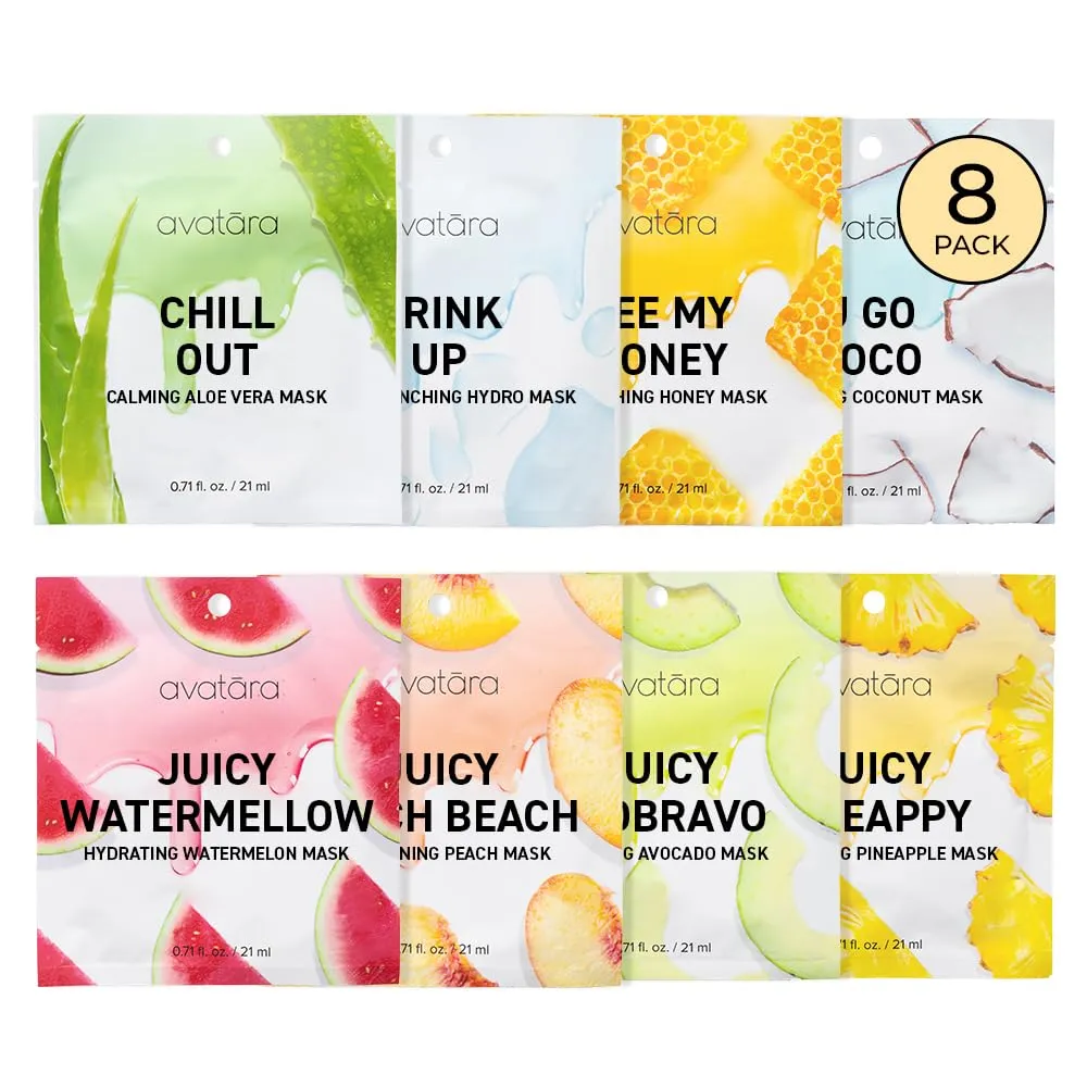 Avatara 8-Pack Sheet Mask Set, Beauty and Skincare Sheet Masks Collection, Skincare with Natural Extracts, Hydrating Face Mask Skin Care Set, All Skin Types, Teen Skincare, 8 Sheets