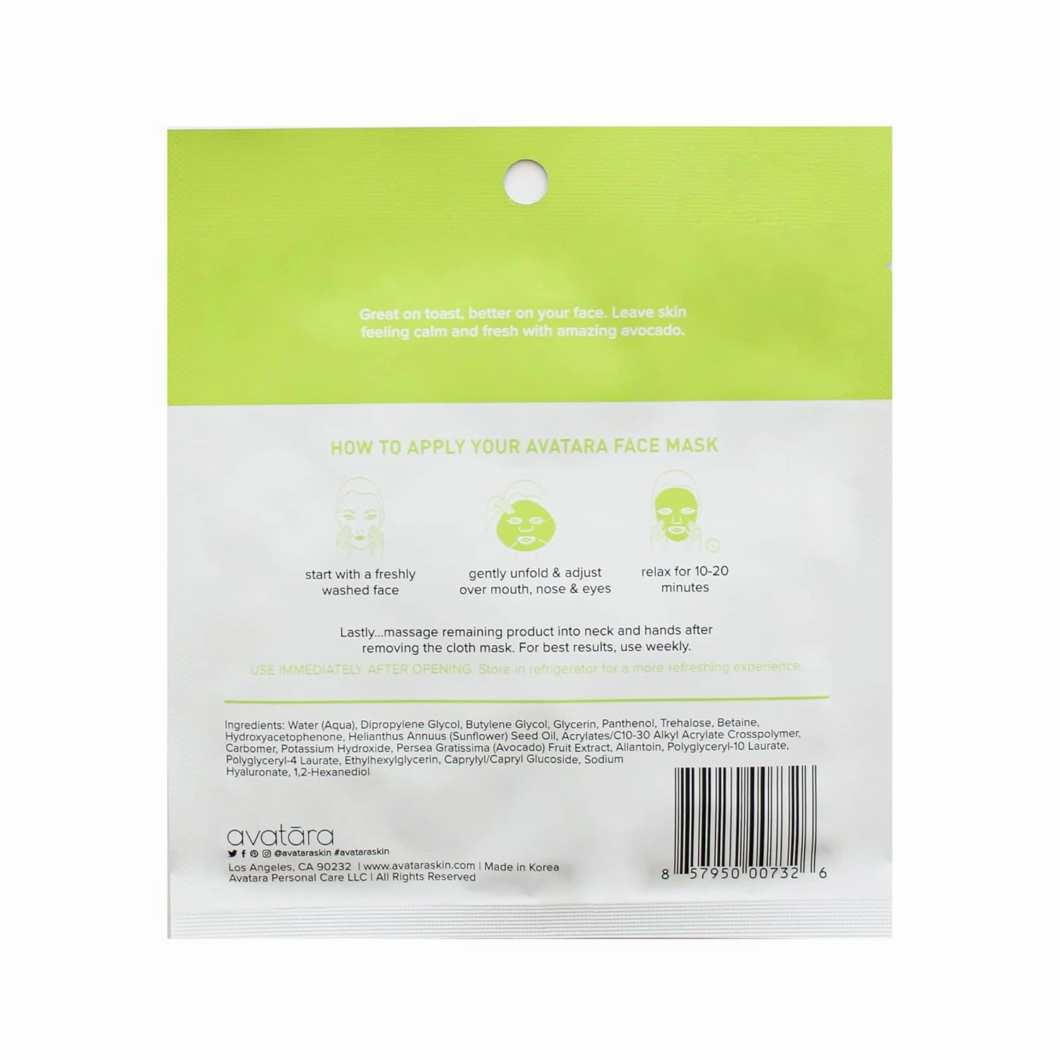 Avatara Juicy Avobravo Soothing Facial Mask 15 Sheets, Beauty and Skincare Sheet Masks, Avocado Extracts and Clean, Natural Ingredients for Moisturizing, Calming and Refreshing Irritated Skin,15 Pack