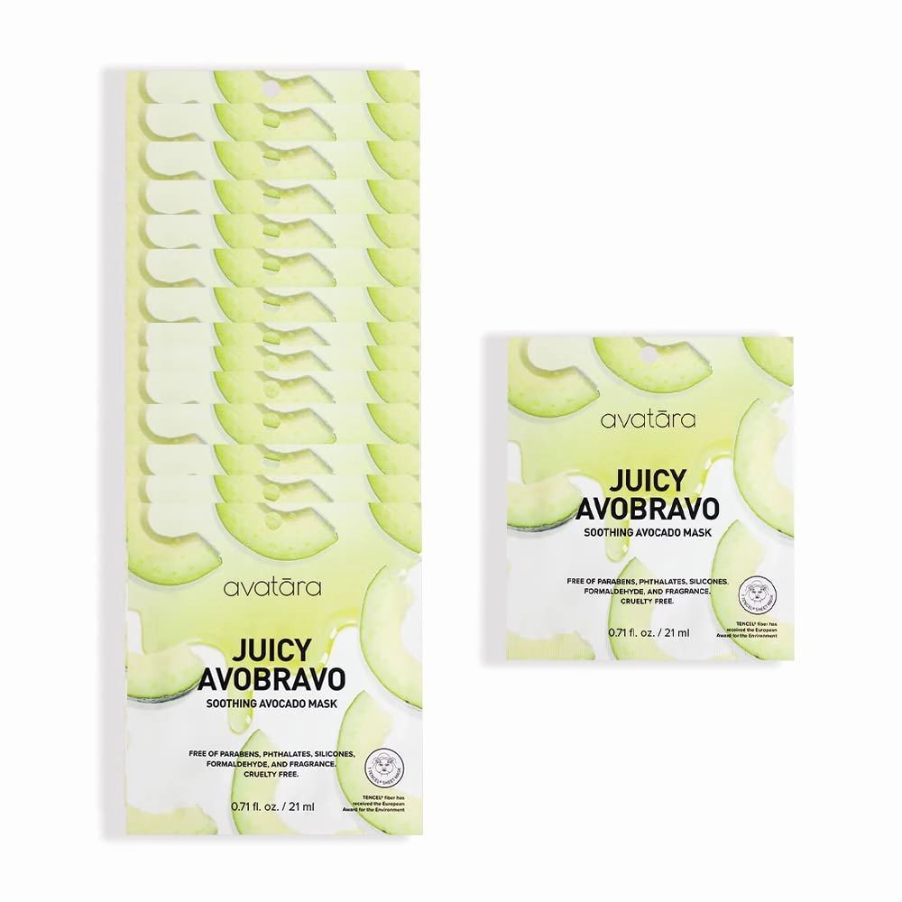 Avatara Juicy Avobravo Soothing Facial Mask 15 Sheets, Beauty and Skincare Sheet Masks, Avocado Extracts and Clean, Natural Ingredients for Moisturizing, Calming and Refreshing Irritated Skin,15 Pack