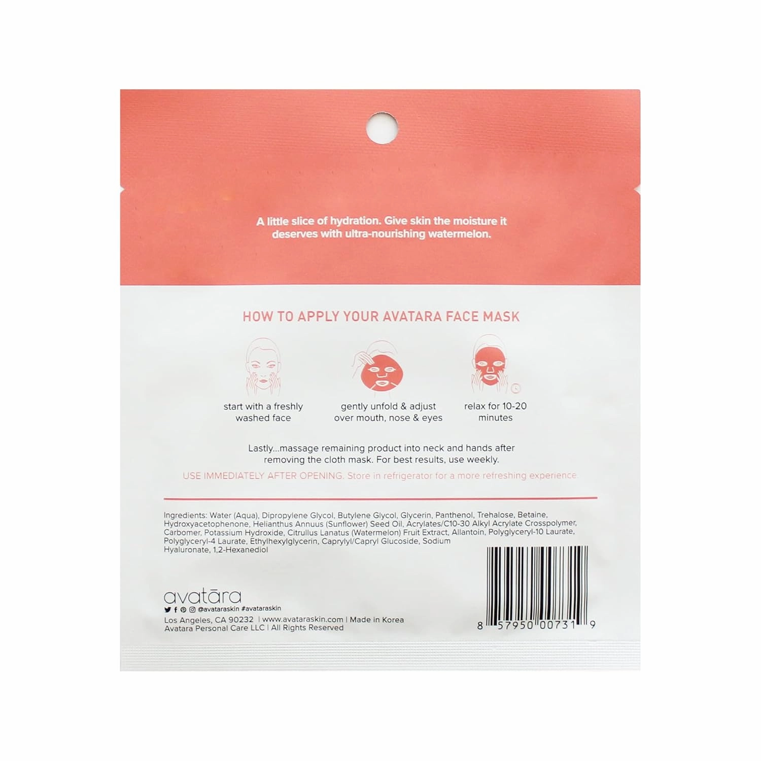 Avatara Juicy Watermellow Facial Mask 15 Sheets, Hydrating Mask, Sheet Masks, Watermelon Extract & Hyaluronic Acid, Face Mask Skincare Beauty Essential, Moisturize & Nourish Dry, Tired Skin, 15 Pack