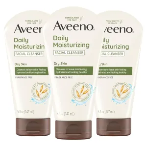 Aveeno Daily Moisturizing Facial Cleanser for Dry Skin, Hydrating Acne Face Wash with Soothing Oat for soft & Supple Skin, Free of Parabens, Sulfates, Fragrance, Dyes & Soaps, 5 fl. oz, 3 Pack