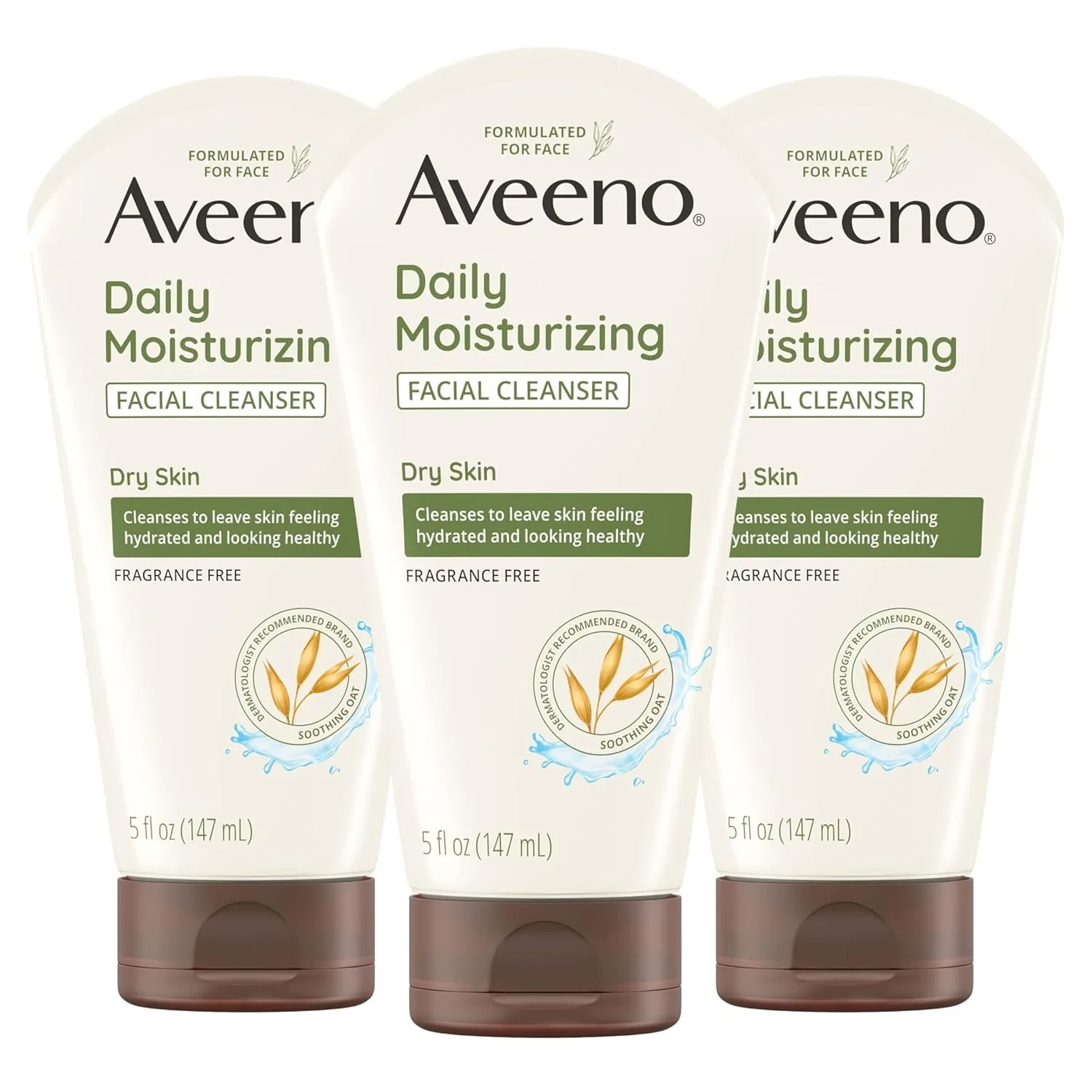 Aveeno Daily Moisturizing Facial Cleanser for Dry Skin, Hydrating Acne Face Wash with Soothing Oat for soft & Supple Skin, Free of Parabens, Sulfates, Fragrance, Dyes & Soaps, 5 fl. oz, 3 Pack
