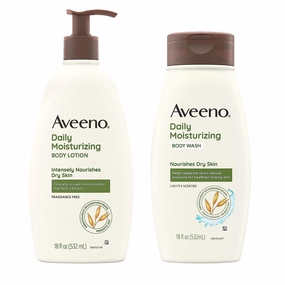 Aveeno Daily Moisturizing Lotion & Wash Regimen Pack, Nourishing Daily Moisturizing Body Lotion for Dry Skin, 18 oz, & Hydrating Body Wash with Soothing Prebiotic Oat, 18 oz, 2 Items