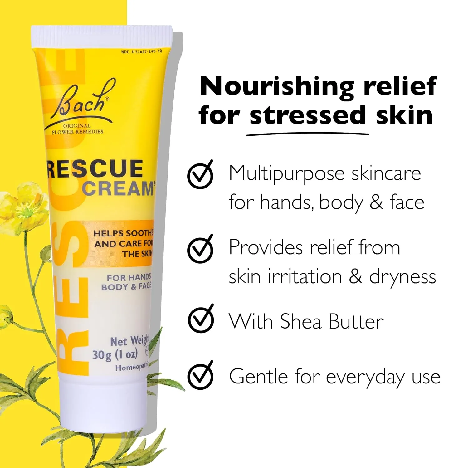 Bach Rescue Cream, Hydrating Skincare for Hands, Body and Face, Shea Butter, Homeopathic Stress Relief Flower Essences, Fragrance-Free, Paraben-Free, 3 Pack, 30g Ea