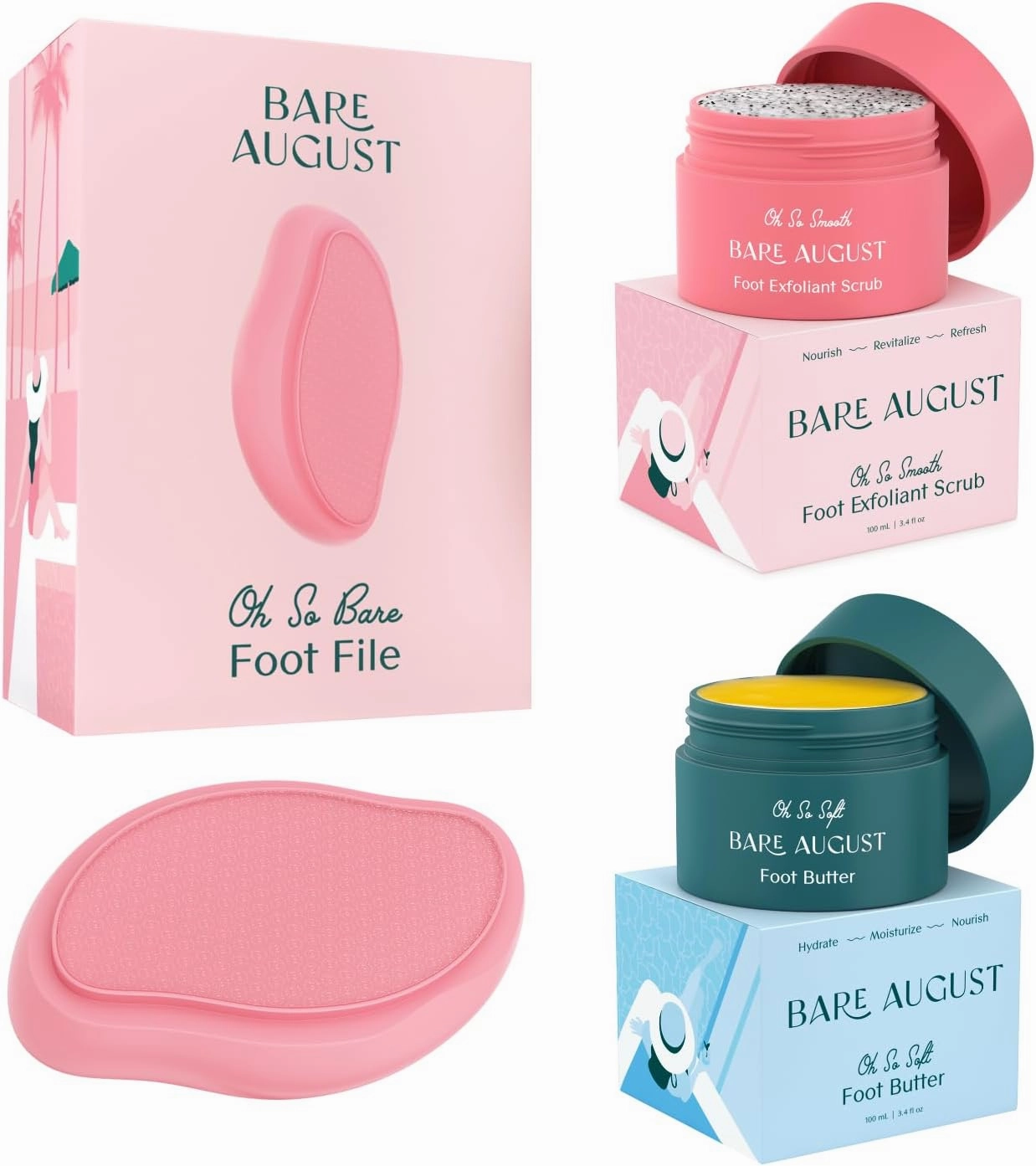 Bare August Foot File, Foot Cream & Foot Scrub Exfoliator Bundle