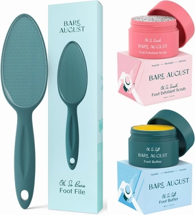 Bare August Glass Foot File, Foot Cream & Foot Scrub Exfoliator Bundle