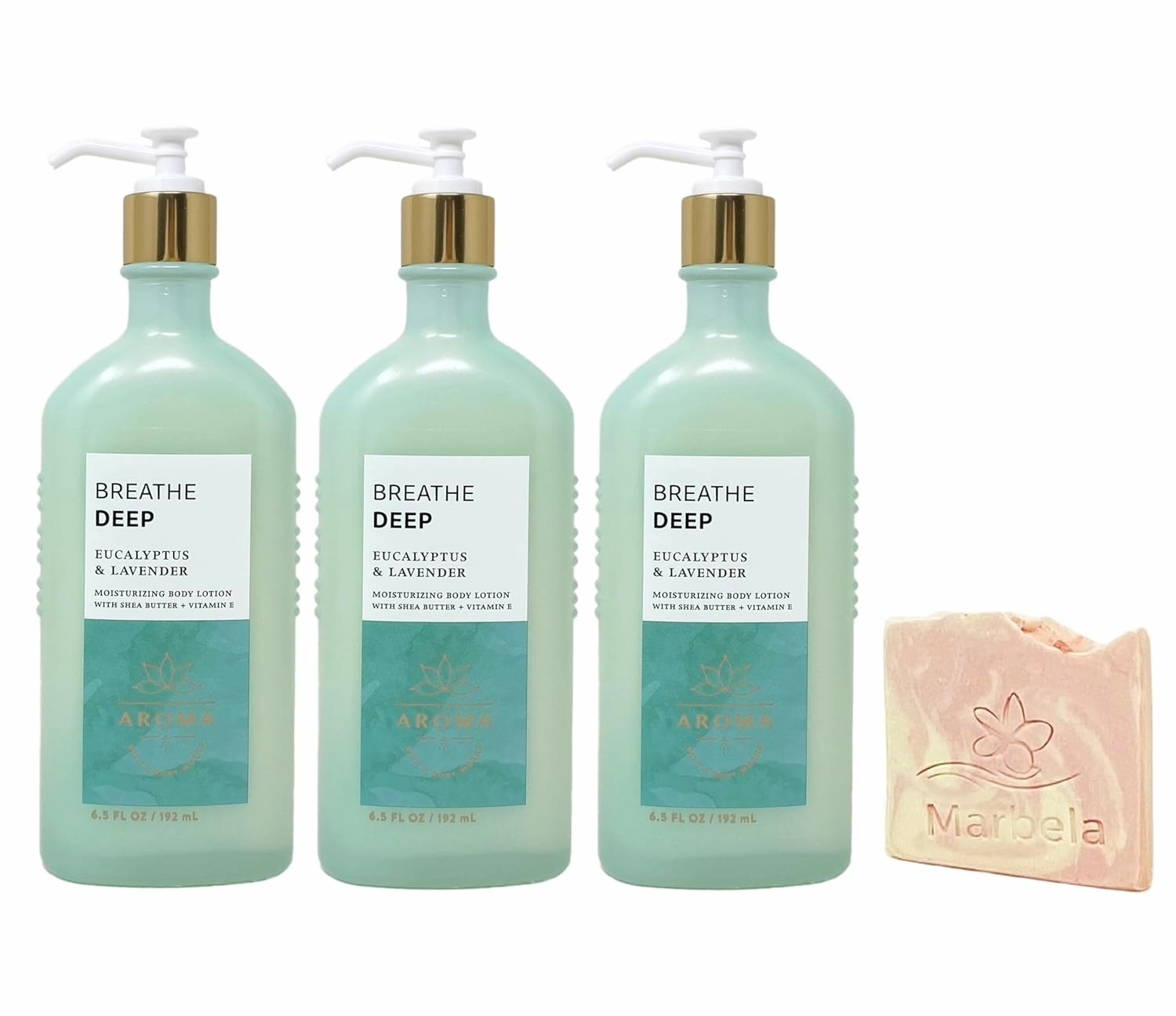 Bath & Body Works Aroma Breath Deep Eucalyptus & Lavender 3 Pack Body Lotion Bundle with a Himalayan Salts Springs Sample Soap