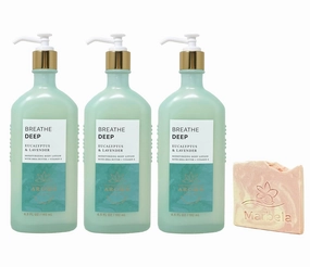Bath & Body Works Aroma Breath Deep Eucalyptus & Lavender 3 Pack Body Lotion Bundle with a Himalayan Salts Springs Sample Soap