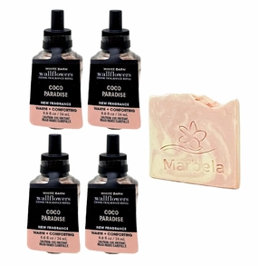 Bath & Body Works Coco Paradise - 4 Pack Wallflowers Home Fragrance Refill Bundle with a Himalayan Salts Springs Sample Soap