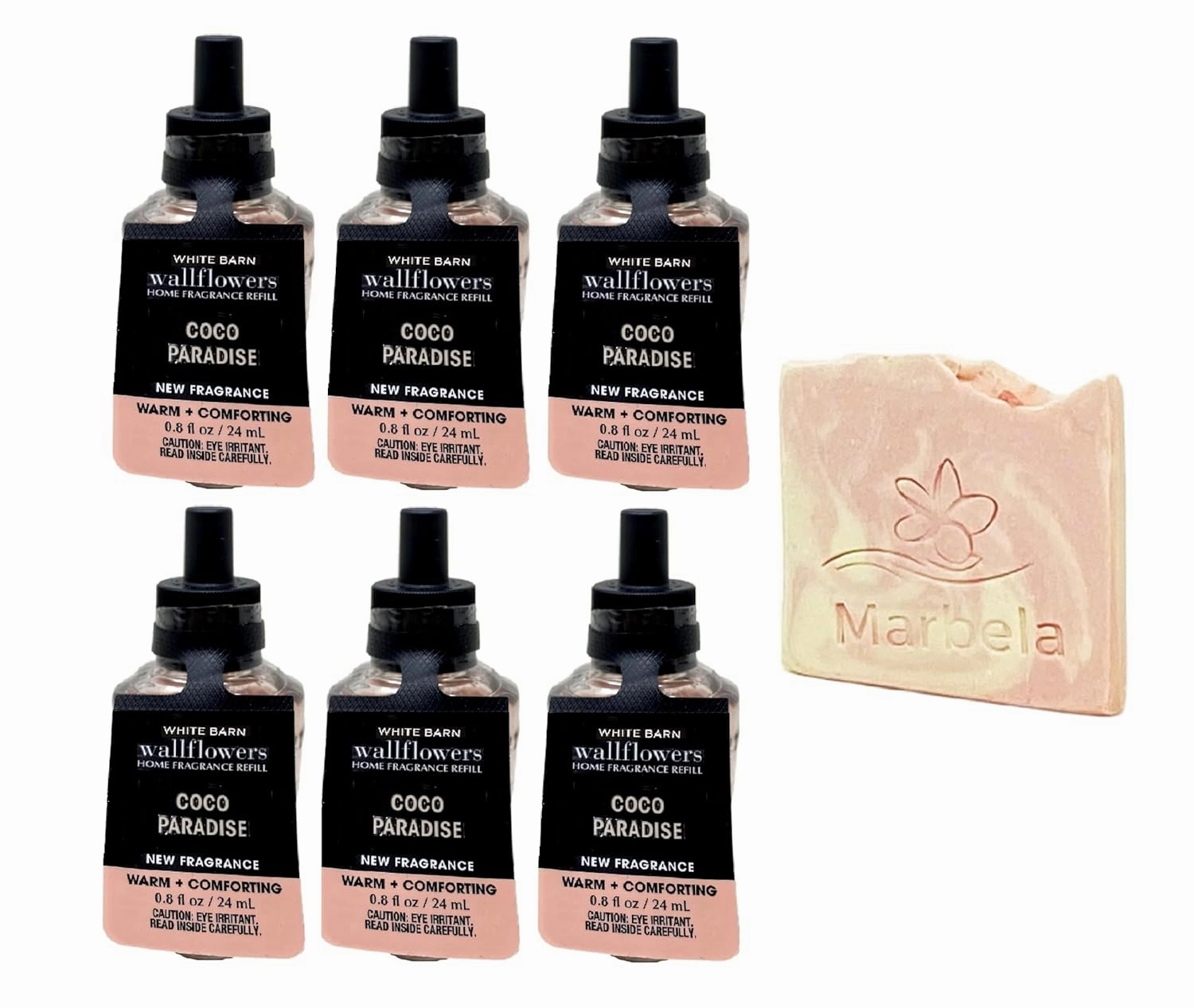 Bath & Body Works Coco Paradise - 6 Pack Wallflowers Home Fragrance Refill Bundle with a Himalayan Salts Springs Sample Soap
