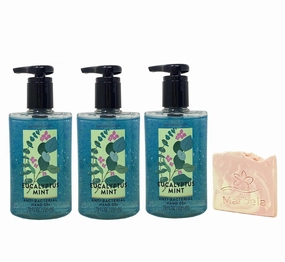 Bath & Body Works Eucalyptus Mint 3 Pack Hand Gel Bunldle with a Himalayan Salts Springs Sample Soap