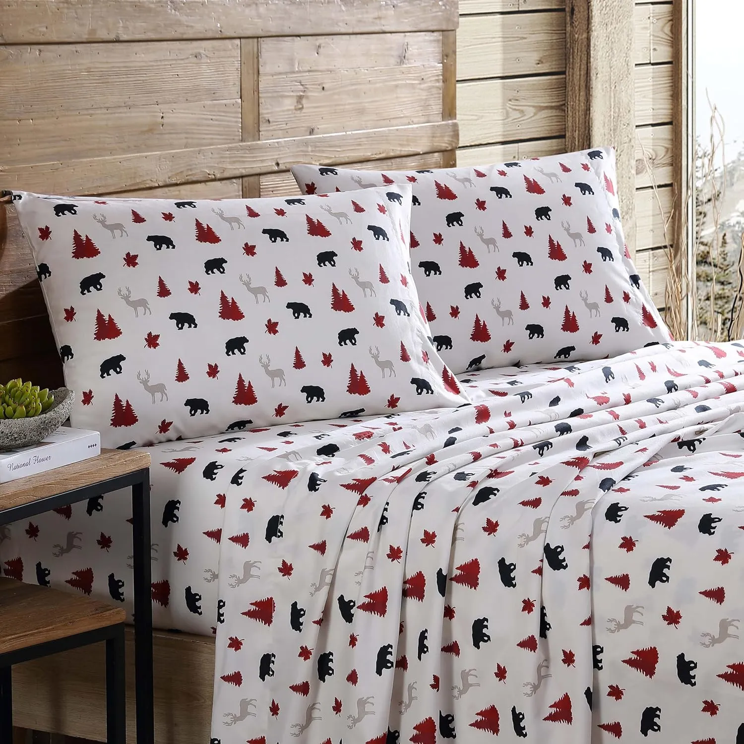 Beatrice Home Fashions Cozy Cabin 4-Piece Queen Microfiber Bedding Sheet Set with Deep Pockets Rustic Patchwork Plaid Deer, Red/Black