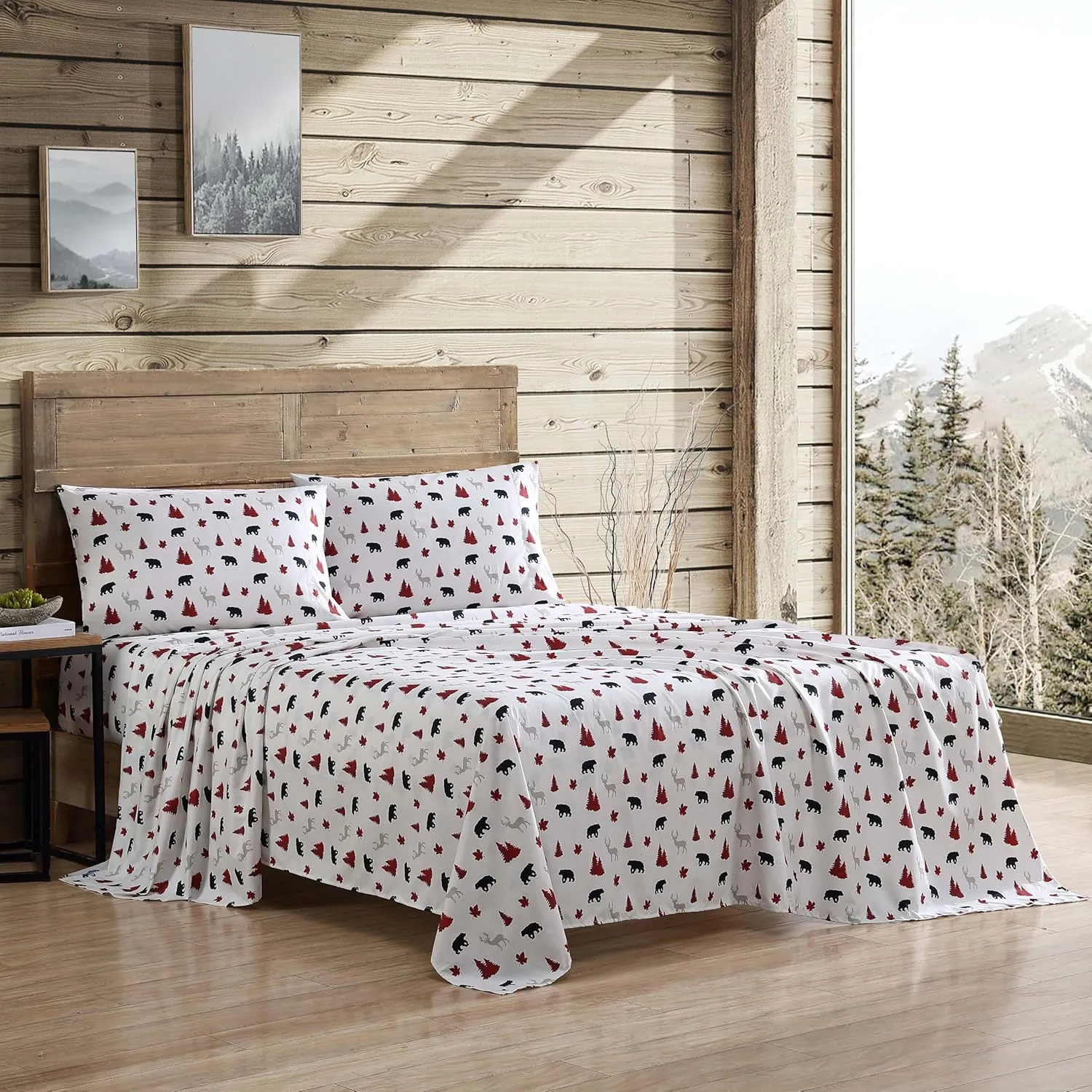Beatrice Home Fashions Cozy Cabin 4-Piece Queen Microfiber Bedding Sheet Set with Deep Pockets Rustic Patchwork Plaid Deer, Red/Black