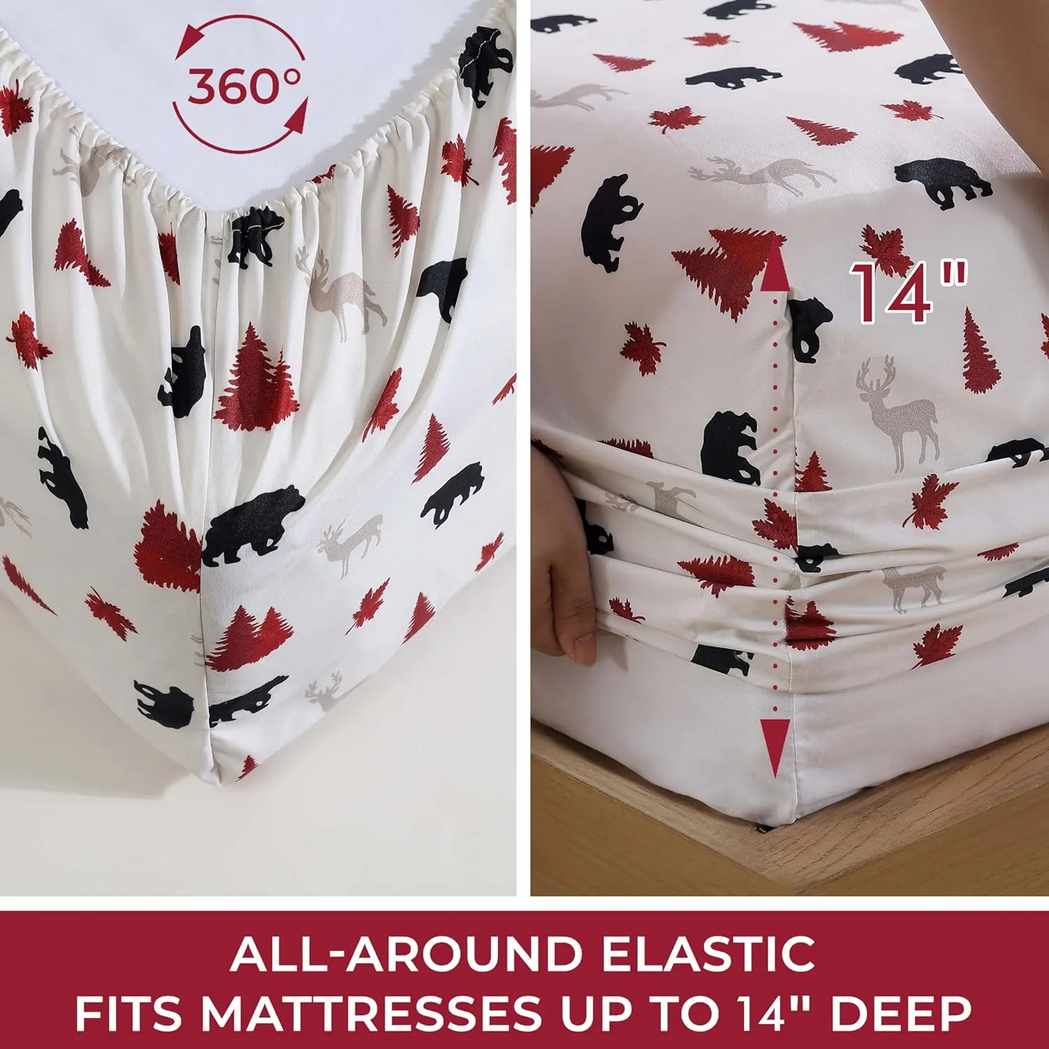 Beatrice Home Fashions Cozy Cabin 4-Piece Queen Microfiber Bedding Sheet Set with Deep Pockets Rustic Patchwork Plaid Deer, Red/Black