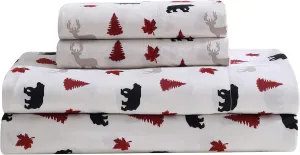 Beatrice Home Fashions Cozy Cabin 4-Piece Queen Microfiber Bedding Sheet Set with Deep Pockets Rustic Patchwork Plaid Deer, Red/Black