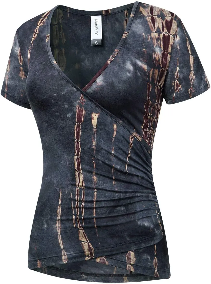 Beauhuty Women's Top Deep V Neck Slim Fitted T-Shirt Front Wrap Ruched Short Sleeve Tee