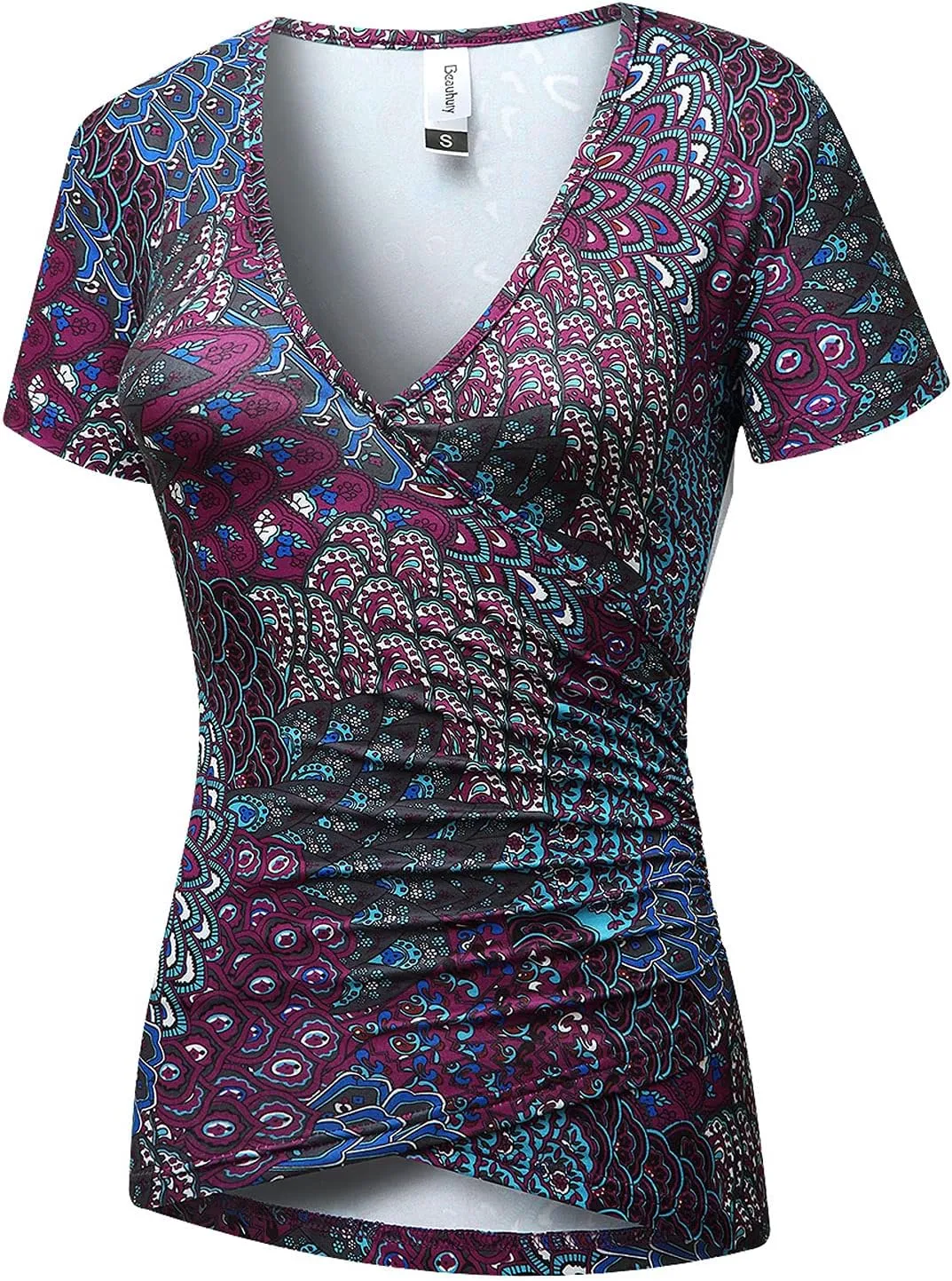 Beauhuty Women's Top Deep V Neck Slim Fitted T-Shirt Front Wrap Ruched Short Sleeve Tee