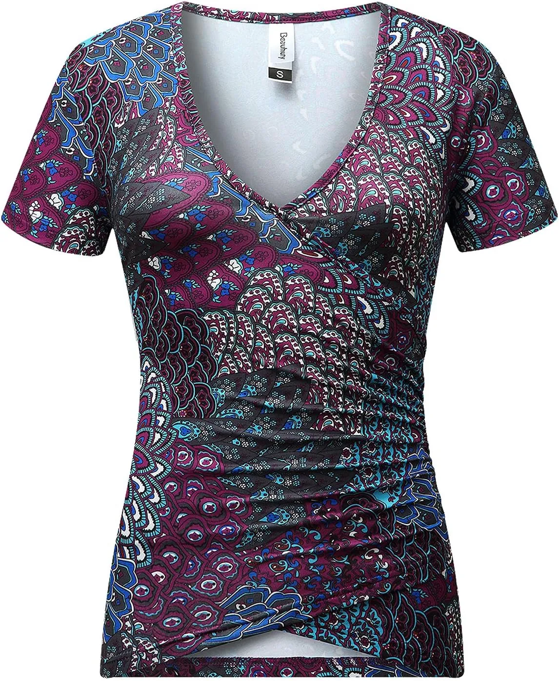 Beauhuty Women's Top Deep V Neck Slim Fitted T-Shirt Front Wrap Ruched Short Sleeve Tee