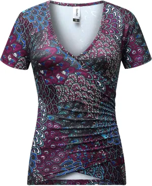 Beauhuty Women's Top Deep V Neck Slim Fitted T-Shirt Front Wrap Ruched Short Sleeve Tee
