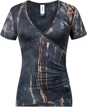 Beauhuty Women's Top Deep V Neck Slim Fitted T-Shirt Front Wrap Ruched Short Sleeve Tee