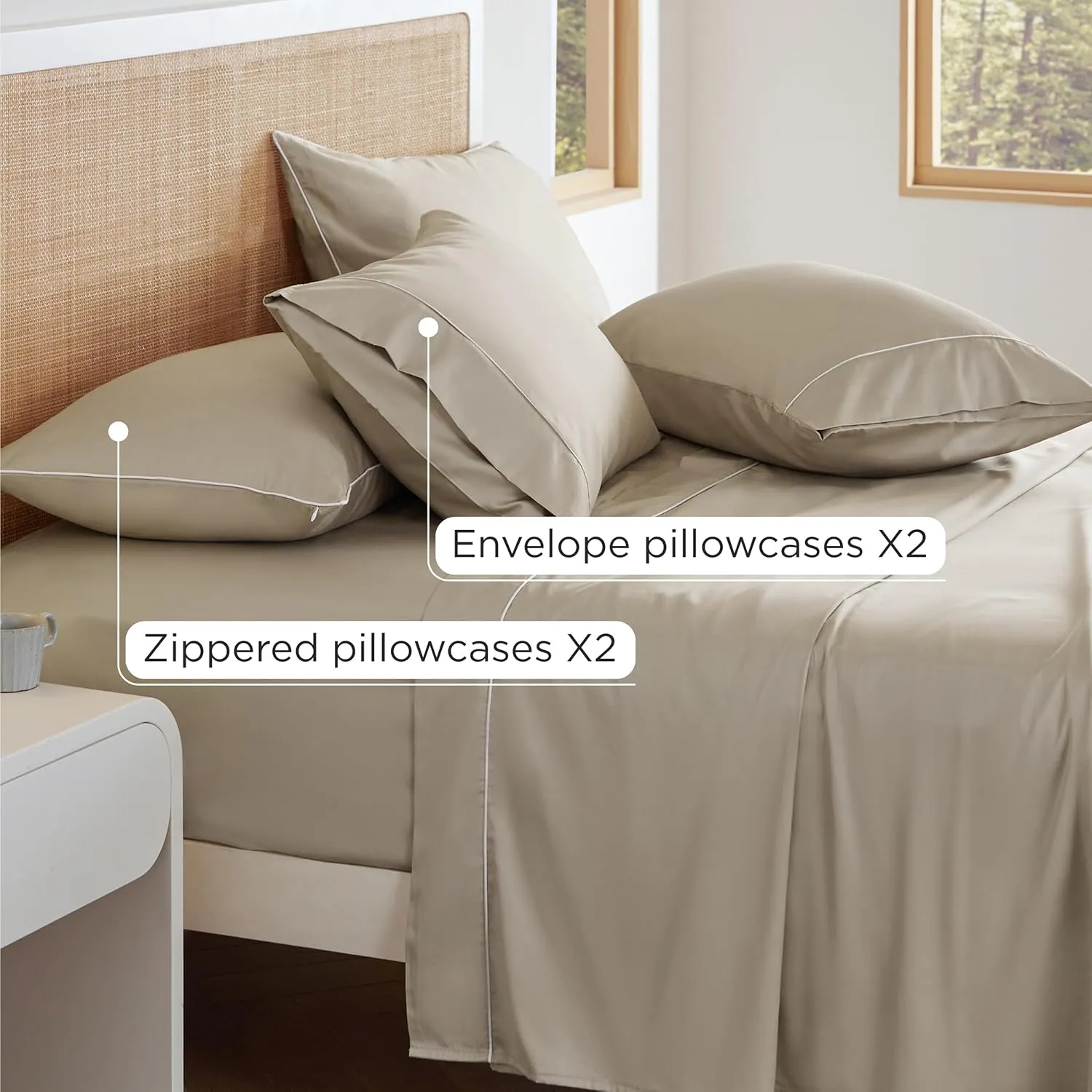Bedsure 100% Cotton Sheets Queen Size Bed Set - 300 Thread Count Sateen Weave with Deep Pocket Bed Sheets, Breathable, Soft & Moisture Wicking - 6 Piece Linen Sheets