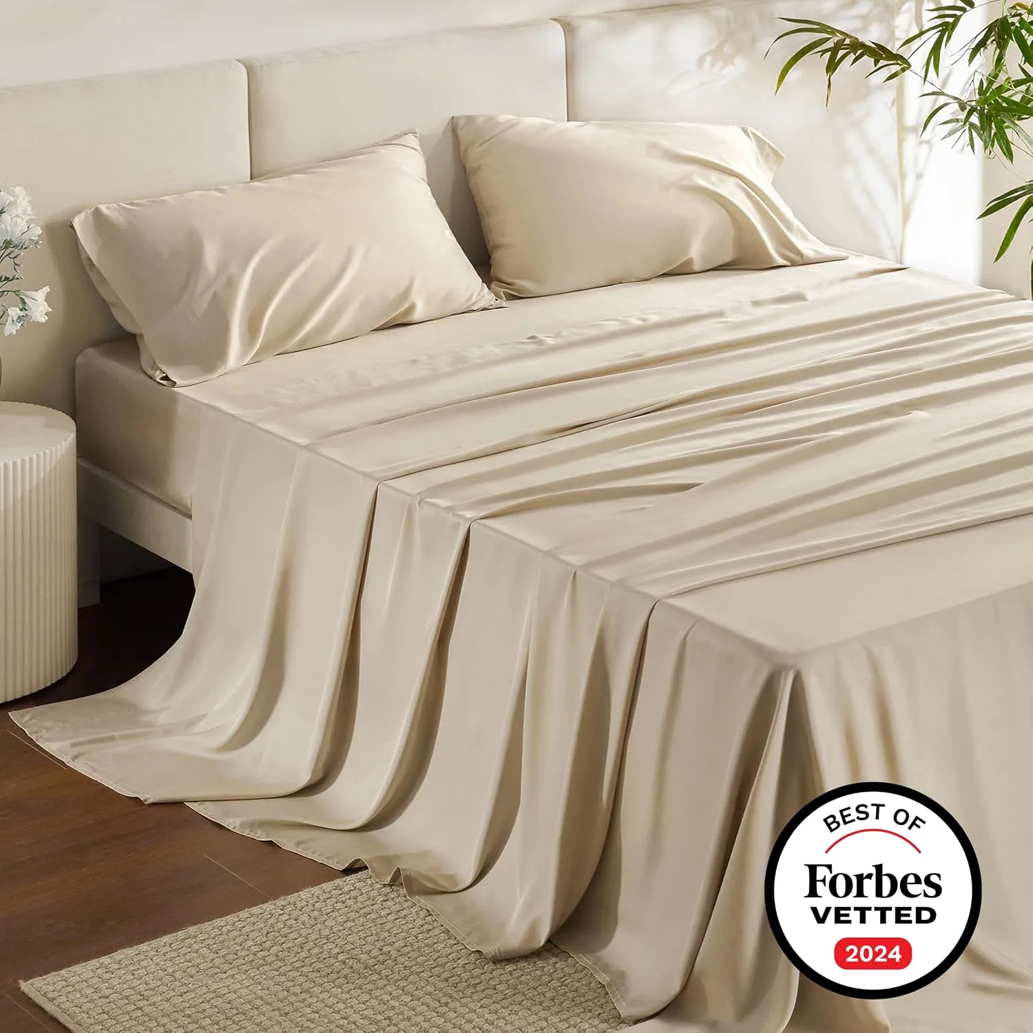 Bedsure Queen Sheets, Rayon Derived from Bamboo, Queen Cooling Sheet Set, Deep Pocket Up to 16", Breathable & Soft Bed Sheets, Hotel Luxury Silky Bedding Sheets & Pillowcases, Beige