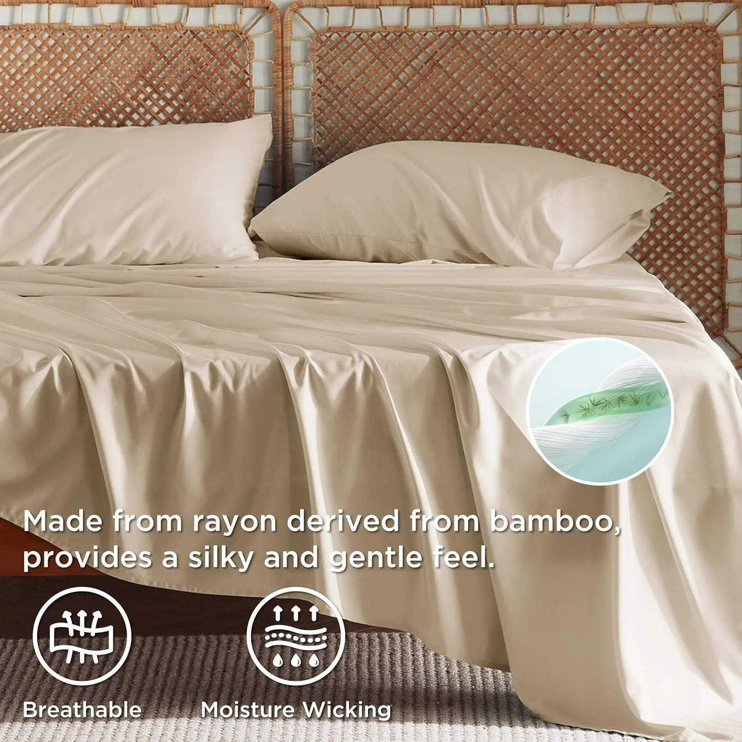 Bedsure Queen Sheets, Rayon Derived from Bamboo, Queen Cooling Sheet Set, Deep Pocket Up to 16", Breathable & Soft Bed Sheets, Hotel Luxury Silky Bedding Sheets & Pillowcases, Beige