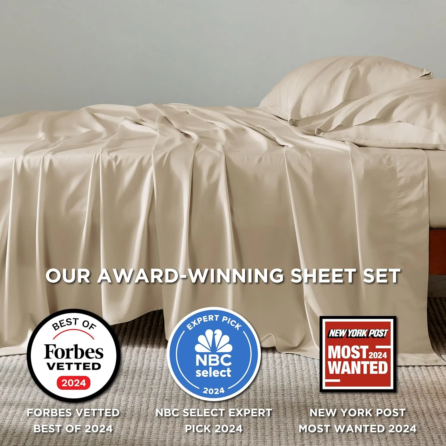 Bedsure Queen Sheets, Rayon Derived from Bamboo, Queen Cooling Sheet Set, Deep Pocket Up to 16", Breathable & Soft Bed Sheets, Hotel Luxury Silky Bedding Sheets & Pillowcases, Beige