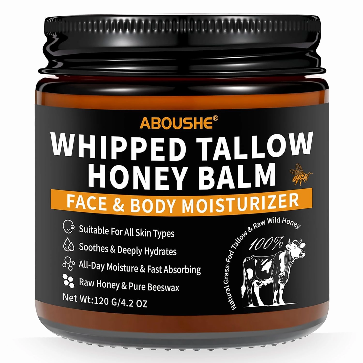 Beef Tallow for Skin - Organic Grass-Fed Whipped Beef Tallow and Honey Balm with Wild Honey & Beeswax, Beef Tallow for Face & Body Moisturizer, Natural Lotion for Sensitive and Dry Skin 4.2 oz