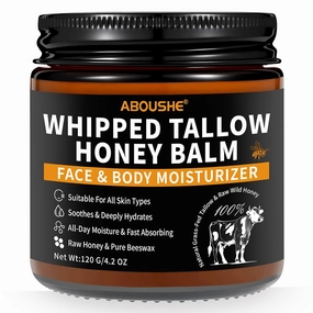 Beef Tallow for Skin - Organic Grass-Fed Whipped Beef Tallow and Honey Balm with Wild Honey & Beeswax, Beef Tallow for Face & Body Moisturizer, Natural Lotion for Sensitive and Dry Skin 4.2 oz