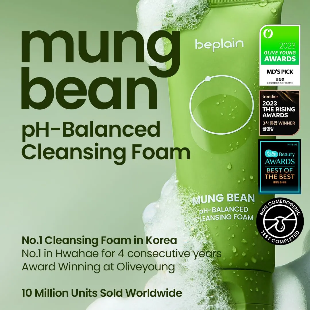 beplain Mung Bean pH-Balanced Cleansing Foam (5.4fl.oz/160ml) | Fragrance-Free | Non-Comedogenic Tested | Deep Pore Facial Cleanser | Suitable for Sensitive Skin | Face Mask Cleanser | Korean Skincare