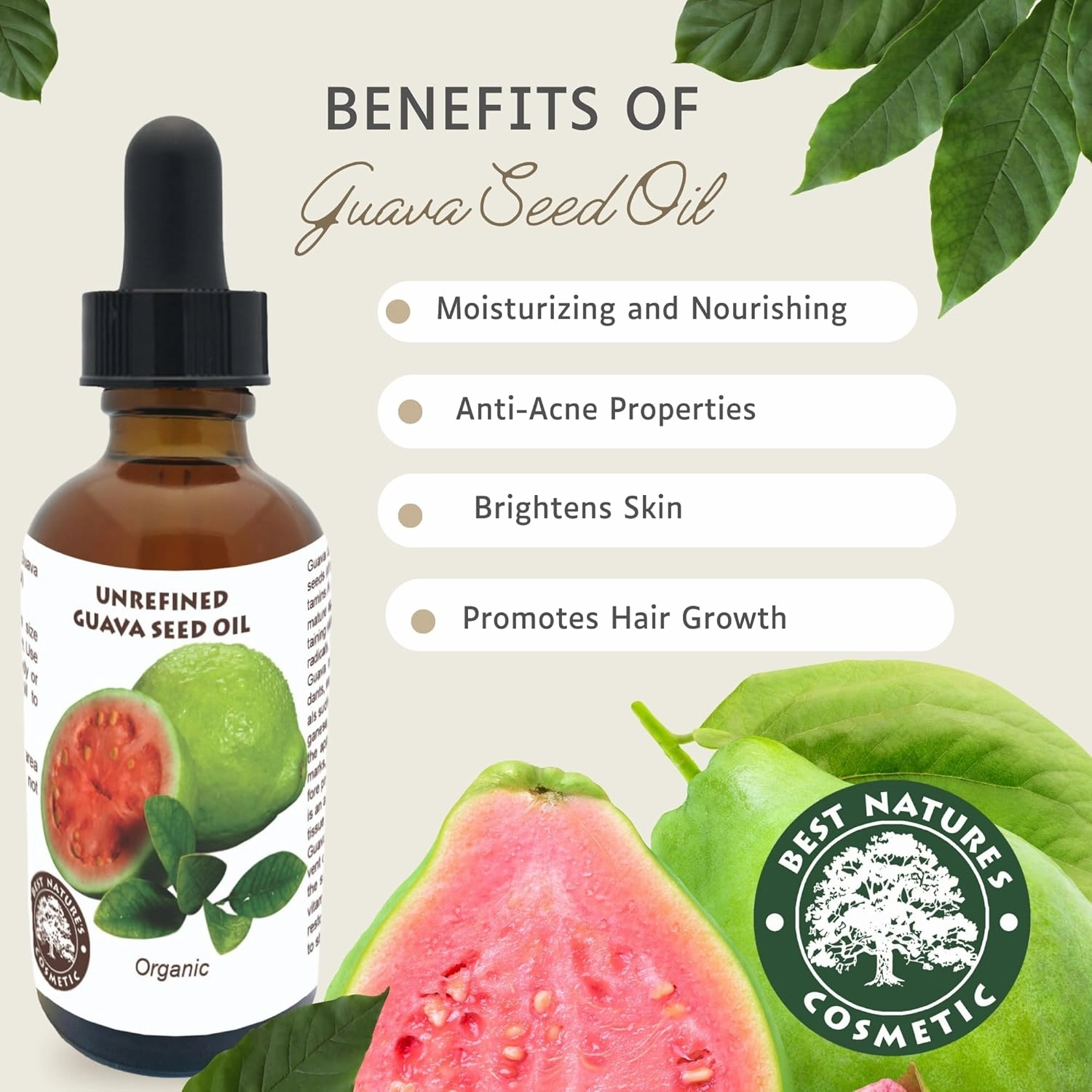 Best Nature's Cosmetics Organic Guava Seed Oil cold pressed for Skin & Hair – Vitamin C Rich, Antioxidant-Rich Hydrating Oil for Glowing Skin & Frizz-Free Hair 2 oz / 60 ml