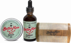 Better Man Beard Spruce Kit - 3-Piece Beard Grooming Kit with Moisturizing Balm, Conditioning Oil & Sandalwood Comb - KIT-SPR