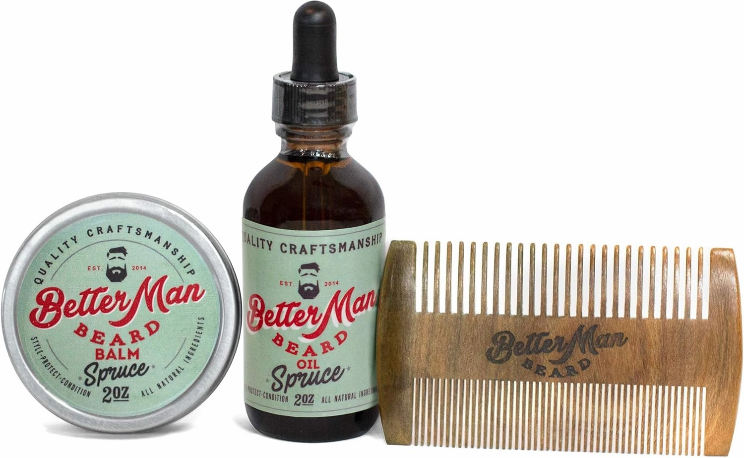 Better Man Beard Spruce Kit - 3-Piece Beard Grooming Kit with Moisturizing Balm, Conditioning Oil & Sandalwood Comb - KIT-SPR