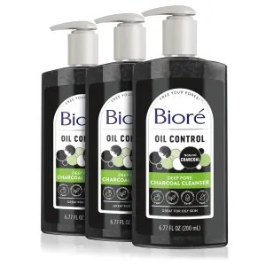 Bioré Deep Pore Charcoal Face Wash, Daily Facial Cleanser for Dirt & Makeup Removal, for Oily Skin, 6.77 Oz, Pack of 3