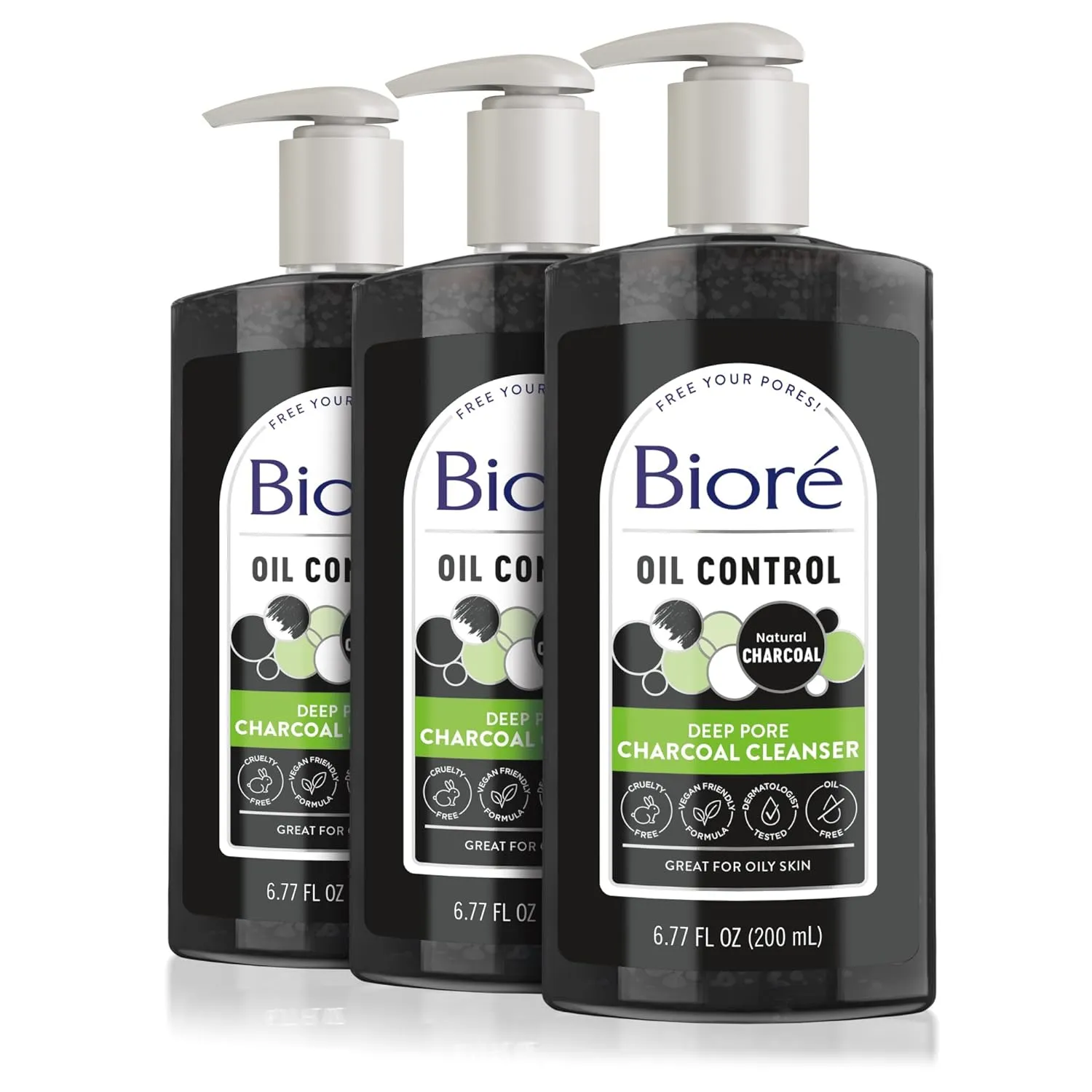 Bioré Deep Pore Charcoal Face Wash, Daily Facial Cleanser for Dirt & Makeup Removal, for Oily Skin, 6.77 Oz, Pack of 3