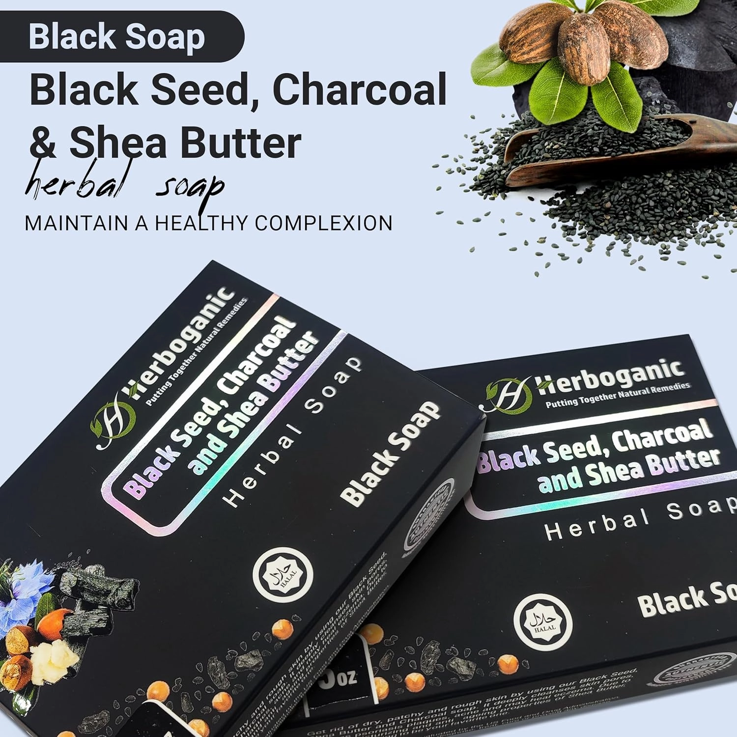 Black Seed, Charcoal and Shea Butter Herbal Soap | Pack of 3 of 5oz soap Bar | Natural Bar Soap for Face and Body | Hydrating and Nourishing | Suitable for Men and Women