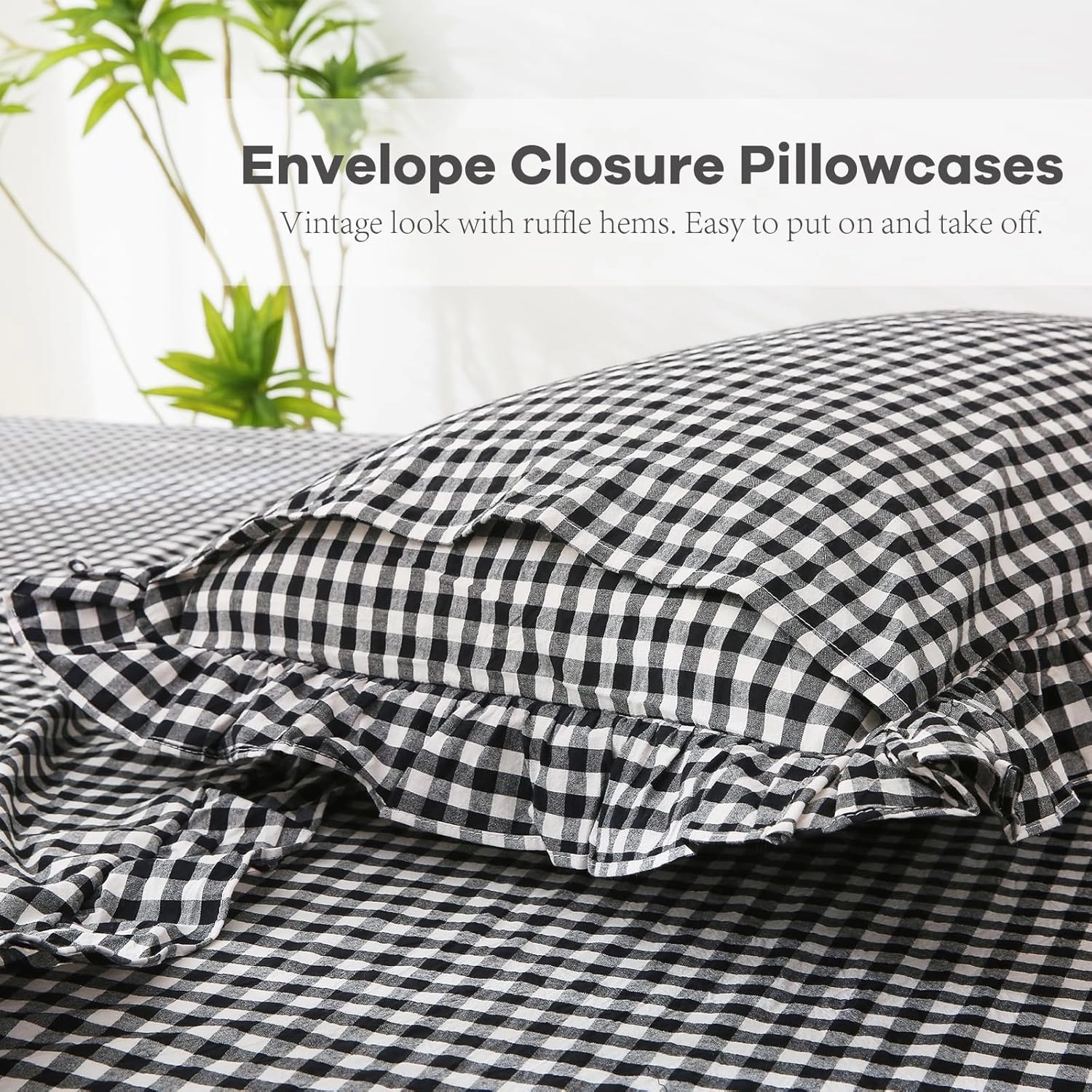 Black White Plaid Ruffle Gingham Sheets Full Size 4-Piece Set, 300TC 100% Yarn Dyed Cotton 18 in Deep Pocket Preppy Sheets Decorative Bedding (Black/White Plaid, Full)