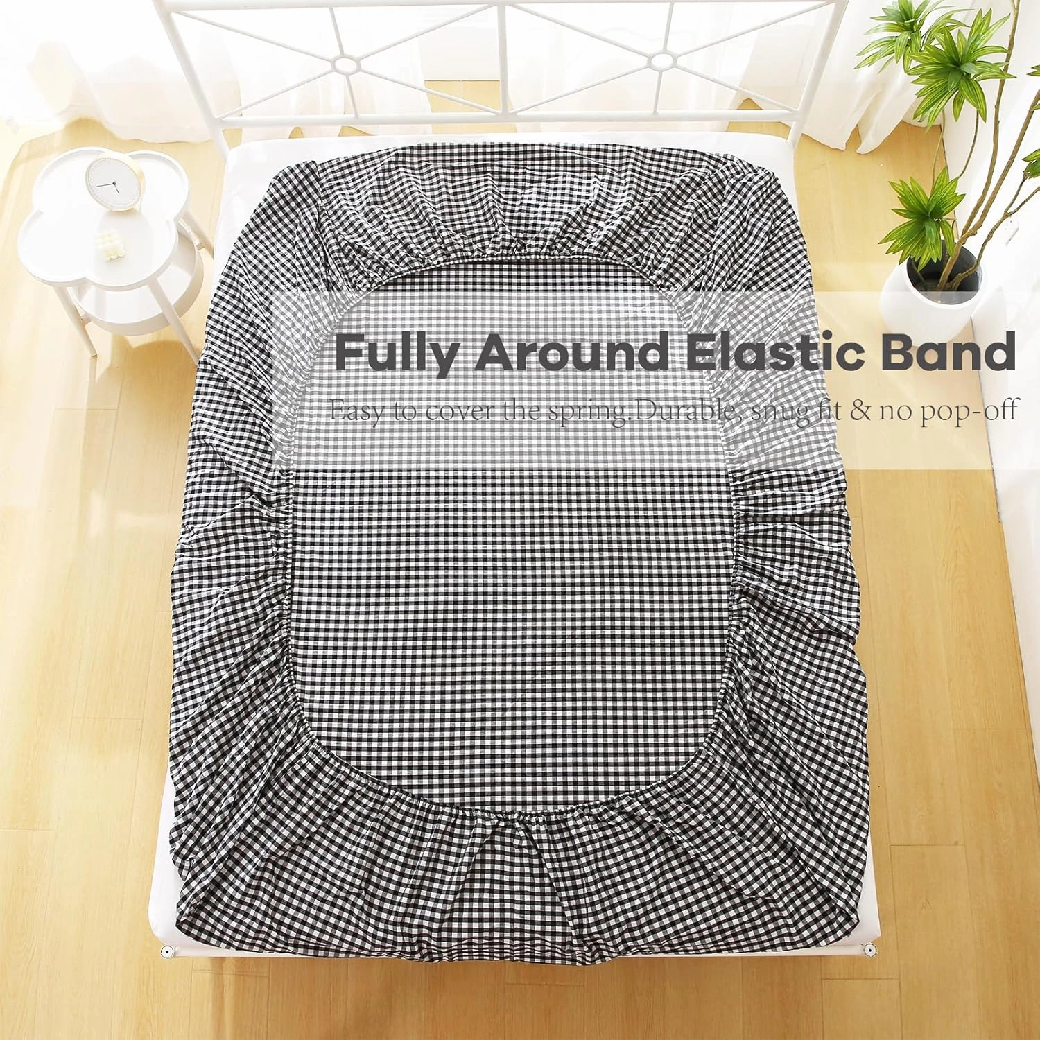 Black White Plaid Ruffle Gingham Sheets Full Size 4-Piece Set, 300TC 100% Yarn Dyed Cotton 18 in Deep Pocket Preppy Sheets Decorative Bedding (Black/White Plaid, Full)