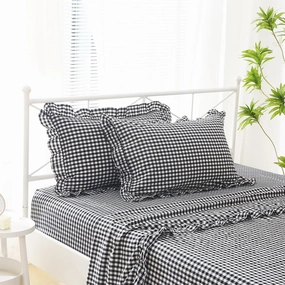 Black White Plaid Ruffle Gingham Sheets Full Size 4-Piece Set, 300TC 100% Yarn Dyed Cotton 18 in Deep Pocket Preppy Sheets Decorative Bedding (Black/White Plaid, Full)